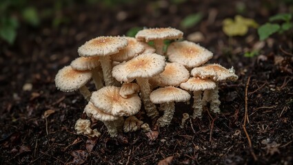 Freshly harvested dewy mushrooms on forest floor