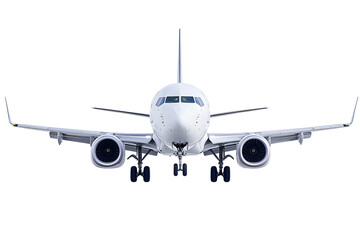 Obraz premium Flying passenger airplane. A white jet plane Isolated on white background