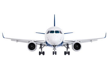 Obraz premium Flying passenger airplane. A white jet plane Isolated on white background