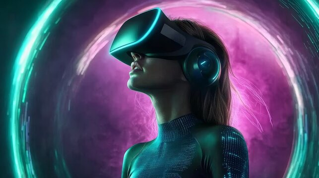 Female cybersecurity expert in futuristic virtual reality network analysis - Powered by Adobe