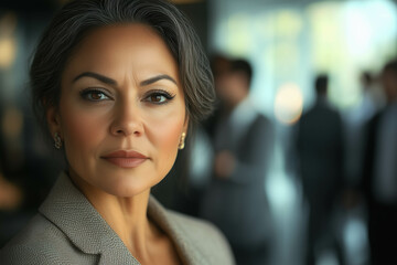 Focused middle aged  woman in formal attire stands amid busy colleagues on background with copy space on the right. 