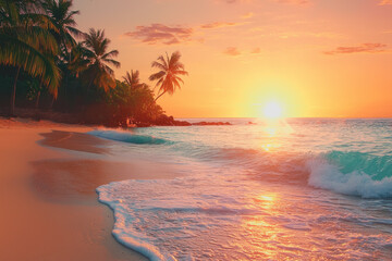 Beach at sunset with palm trees silhouetted against the colorful sky and ocean waves in the background