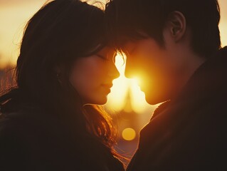 Couple sharing an affectionate sunset kiss.