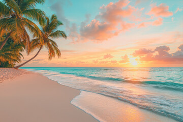 Beach landscape featuring palm trees and a vibrant sunset over the ocean horizon