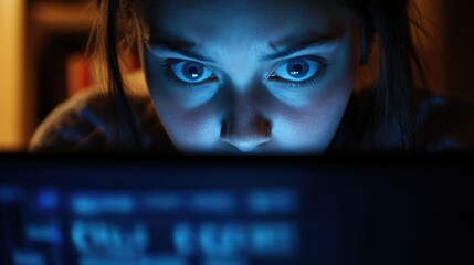 A young woman intently watching a laptop screen in dim light.