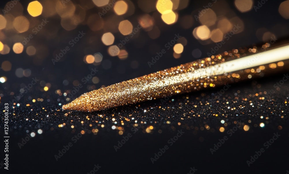 Aufkleber close-up of shimmering gold glitter tip on sparkling background with radiant bokeh effect for artist