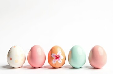 At the bottom of image are five eggs with free space on top of image for text, creative flower pastel print on colors eggs,  white background. Easter banner with a space for text.