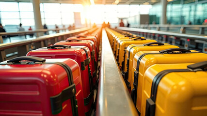 Fototapeta premium A bunch of yellow and red suitcases at the airport - cargo control, baggage allowance and hand luggage parameters on the plane, security, check-in and delivery of personal belongings.