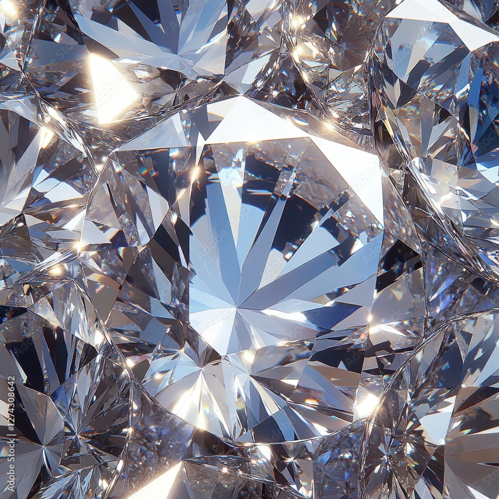 Poster close-up view of sparkling diamonds displaying brilliant cuts and reflections in natural light on a 