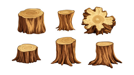 Illustration of wooden stumps and cut tree trunks isolated on transparent background