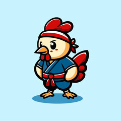 Rooster wearing a blue karate uniform.