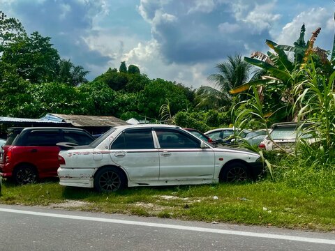 An abandoned car, weathered and rusted, half-covered by overgrown grass and weeds, with patches of dirt and moss clinging to its metal surface, creating a shield-like appearance.
