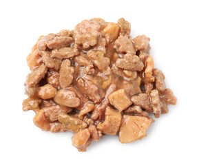 Pieces of wet pet food isolated on white, top view