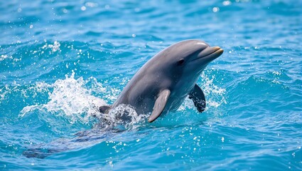 Playful dolphin jumping out of water with glistening body and bubbles trailing behind