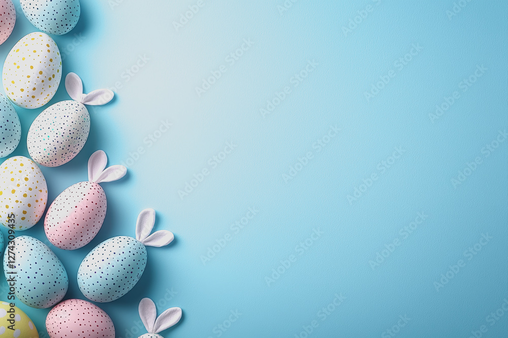 Poster colorful easter eggs arranged on a blue background with ample copy space for text or messages