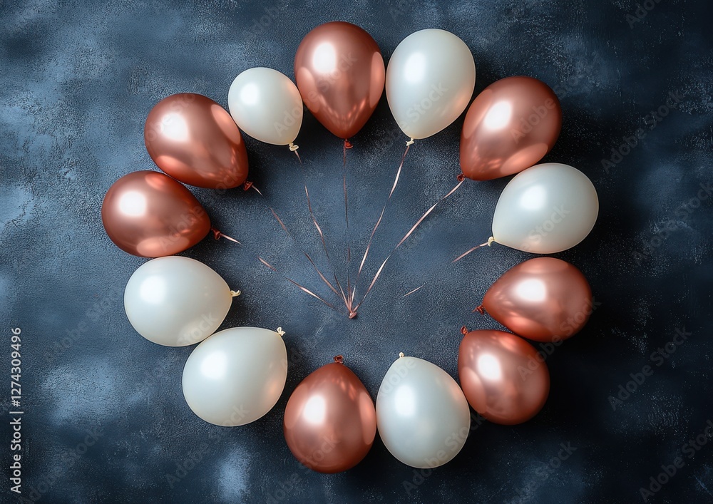 Poster colorful balloons arranged in a circular pattern on a textured dark background perfect for party dec