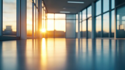 Vibrant office space with polished floors and expansive windows bathed in warm, natural light.