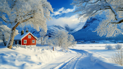 Fototapeta premium Charming red cabin in a snowy winter landscape for holiday postcards, travel magazines, and cozy seasonal backgrounds
