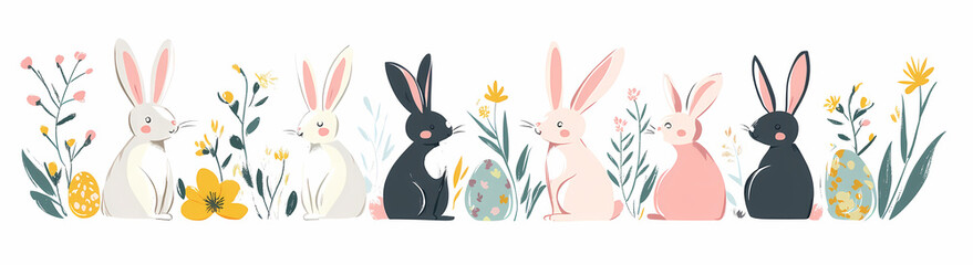 Obraz premium Easter Bunnies with floral decoration: An enchanting springtime image featuring a delightful arrangement of adorable bunnies surrounded by delicate floral decorations.