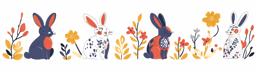Whimsical Bunnies & Blossoms: A delightful illustration showcasing a row of charming bunnies amidst colorful blooms, embodying the spirit of springtime and joy. 