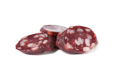 Pieces of delicious dry cured sausage isolated on white