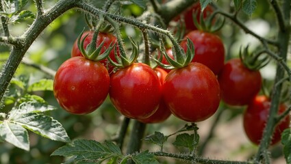 Obraz premium Ripe cherry tomatoes on vine glistening in sunlight among dark green leaves
