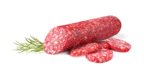 Delicious dry cured sausage and dill isolated on white