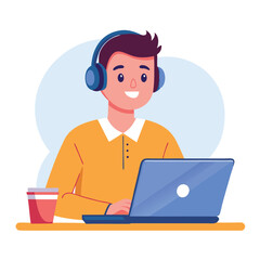 man in headphones, studying at laptop. Happy female student watching business webinar. Video conference call, remote work communication. Flat vector illustration isolated on white background