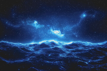 Obraz premium A serene view of a blue ocean under a starry night sky with reflections on the water surface