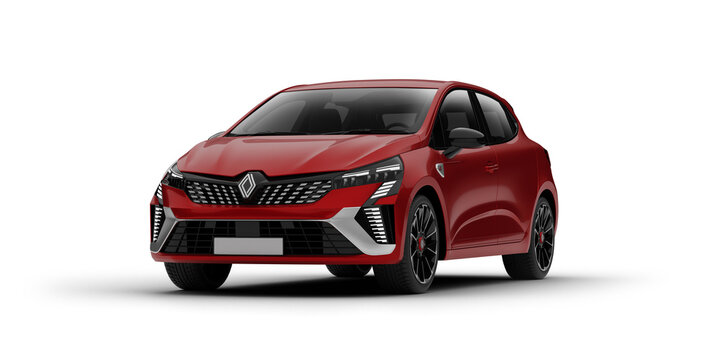 Izmir, Turkey - Feb 18 2025: A 3D-rendered image of a red Renault Clio 2024 model, shown from a three-quarter front left perspective against a transparent background