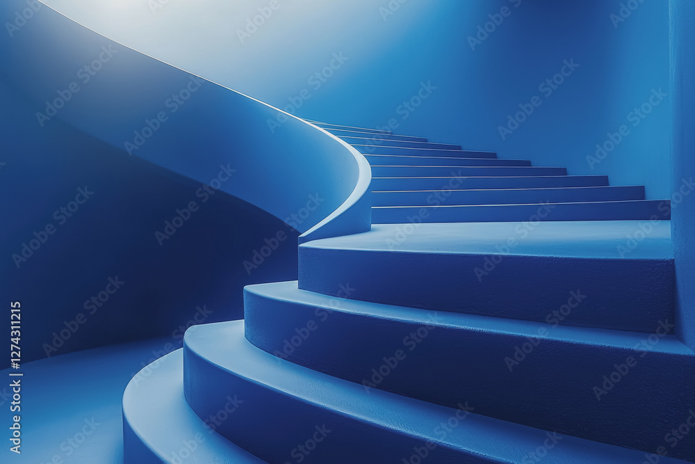Poster blue staircase with light illuminating from the top creating a serene and inviting atmosphere