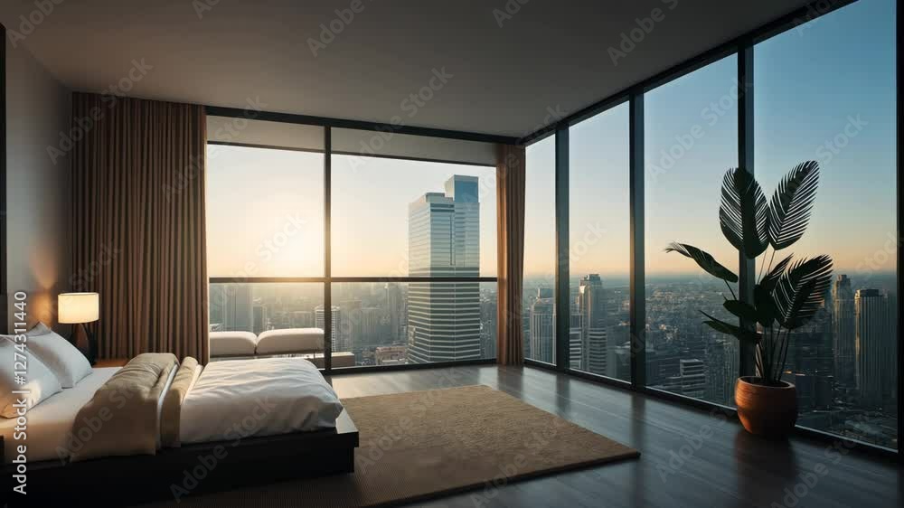 Poster a bedroom with a large window overlooking a city. the window is open, and the sun is shining through