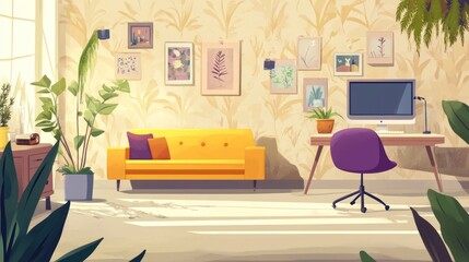 Fototapeta premium Cozy home office with yellow sofa, plants, and computer (1)