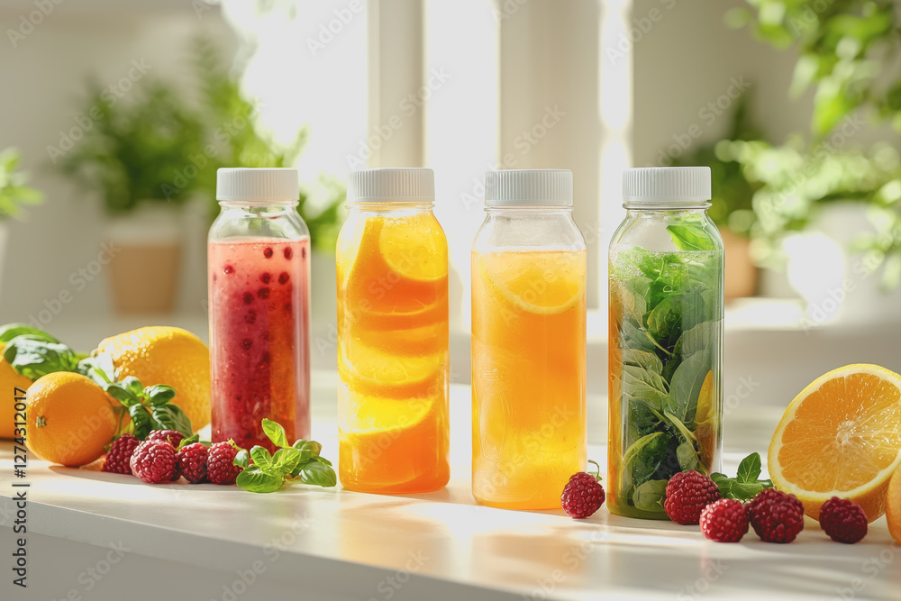 Aufkleber table displaying assorted fresh fruits and beverages in a bright setting