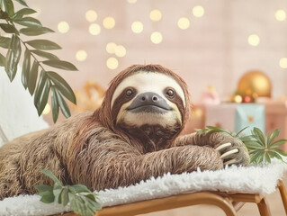 Fototapeta premium Relaxing sloth on lounge chair surrounded by greenery and soft lights