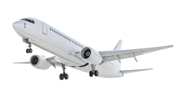 A large passenger jet is soaring gracefully through the open sky, depicted against a bright white background, illustrating its majestic flight