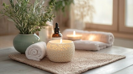 A table with a vase, candles, and towels
