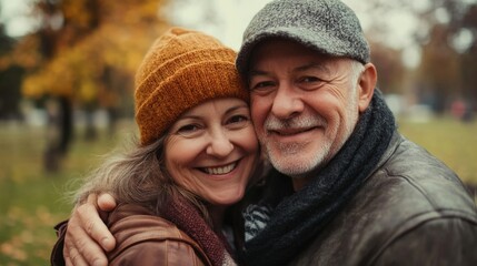 Fototapeta premium Autumnal park moment: a man and woman hugged in an autumn park, capturing the warmth of love amidst the cool fall weather.