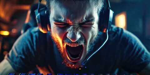 Intense gaming moment with a man, headphones and an outburst of emotion, set against a blurred, dark backdrop.