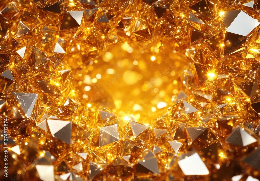Poster abstract golden pyramid shapes in a sparkling geometric pattern with reflections and luminosity for 