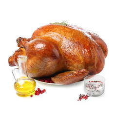 Whole baked turkey with rosemary, oil and spices isolated on white