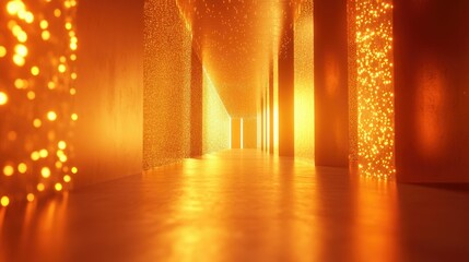 Obraz premium Intriguing and futuristic scene with vibrant orange lights emanating from a tunnel-like structure, creating a captivating ambiance. Bright dots of light create an otherworldly, visually striking