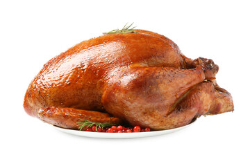 Whole baked turkey with cranberries and rosemary isolated on white