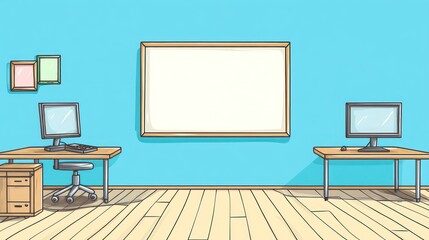 Cartoon office room with blank whiteboard and computers. Possible use stock illustration