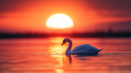 Fototapeta premium Elegant swan gliding on a tranquil lake at sunset for romantic wallpapers, nature blogs, and meditation backgrounds