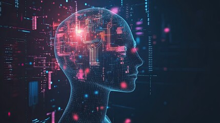 A computer generated image of a brain with a red light on it