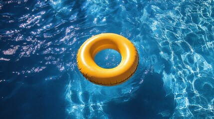 Summertime Serenity Yellow Inflatable Ring Floating on Sparkling Azure Water Surface Capturing a Relaxing and Refreshing Atmosphere