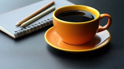 Close-up photograph of an orange coffee cup with saucer, on a wooden surface, accompanied by writing instruments and notebook.