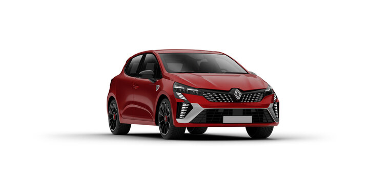 Izmir, Turkey - Feb 18 2025: A 3D-rendered image of a red Renault Clio 2024 model, showing a three-quarter front view against a transparent background