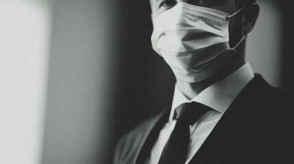 Professional portrait of a man wearing a surgical mask, standing against a blurred background, dressed in a dark suit and tie, evoking themes of health, safety, or work-from-home.